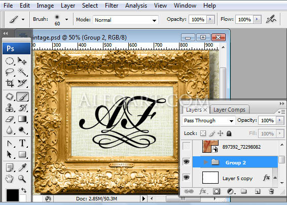 Vintage style monogram in the antique golden frame. Gold, tevture, wallpaper, vintage style, classic monogram.